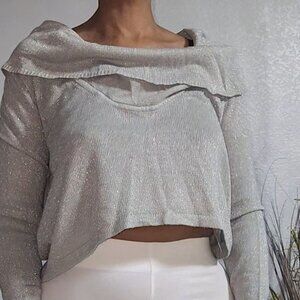 Metallic Silver Cropped Long Sleeve Cowl Neck Sweater Size M